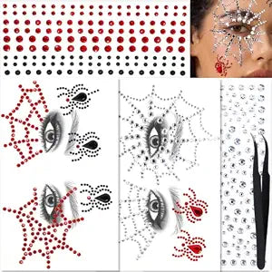 YGDZ Face Gems Stick On, Halloween Face Jewels, Spider Web Silver, Black, Red Face Gems for Halloween Face Makeup, Face Hair Rhinestones Stickers for Women, Kids