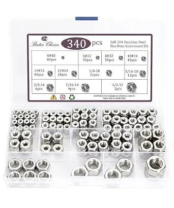 Bates- SAE Hex Nuts Assortment Kit, 11 Sizes, 340 pcs, Stainless Steel, 4#40 6#32 8#32 10#24 10#32 12#24 1/4"-20 5/16"-18 3/8"-16 1/2"-13, Hardware Nuts