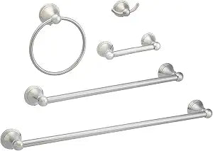 Amazon Basics 5 Piece Bathroom Hardware Set, Satin Nickel, Towel Bar, Toilet Paper Holder, Towel Ring, Robe Hook, AB-BR817-SN
