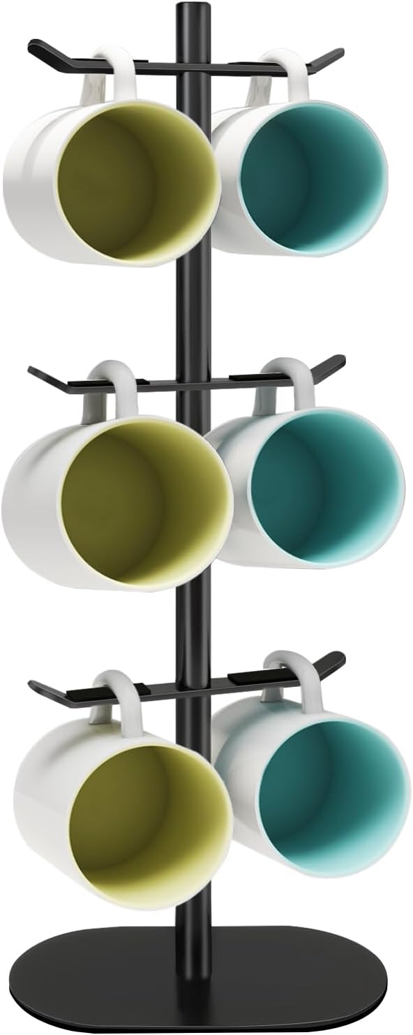 Cup Holder Tree with 6 Hooks, Metal Coffee Mug Rack Stand (Black)