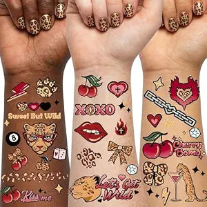 68 Cherry Cheetah Print Temporary Tattoos Adult, 2 Sheets Y2K Cherry Girl Aesthetic Party Favors, Leopard Print Birthday Decorations for Women Retro Gold Foil Body Art