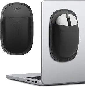 Spigen Stick-On Mouse Holder for Laptop, Tablet, MacBook and iPad, Reusable Adhesive, No Glue Residue, Fits Magic Mouse and Logitech, Microfiber Sleeve, Universal, Black