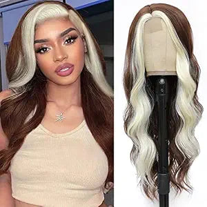 CLIONE 28" Skunk Stripe Lace Front Wig, Brown Mixed Blonde, Long Wavy Synthetic Wig for Women
