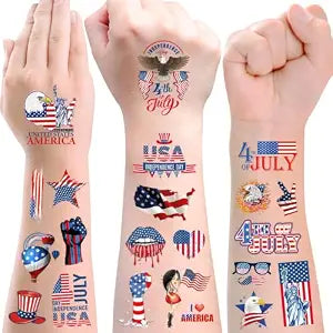 4th of July Waterproof Temporary Tattoos for Kids, 20 Sheets 90+ Patriotic Red White Blue USA Stickers with Flag Star Eagle Fireworks, Independence Day Party Favors for Face Body Teens Adults