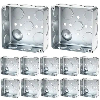 QWORK 4" Square Electrical Box, 12-Pack Galvanized Metal, 21 Cu. in. Capacity, Knockouts 1/2" & 3/4", Electrical Junction Box