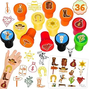 36PCS Cowboy Party Favors - 24PCS Pre-cut Temporary Tattoos & 12PCS Stamps