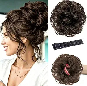 MEEZY Dark Brown Large Messy Bun Piece Hair Scrunchies for Women, 1.94 Oz Thick Wavy Curly Elastic Hair Bun Ponytail Extensions Synthetic Wigs Hairpieces with Pins for Updo Wedding Cosplay Costume