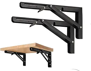 Black Folding Shelf Brackets Max. Load 220 lb, Heavy Duty DIY Wall Mounted Shelf Bracket Space Saving for Table Work Bench (8 INCH-2PCS)