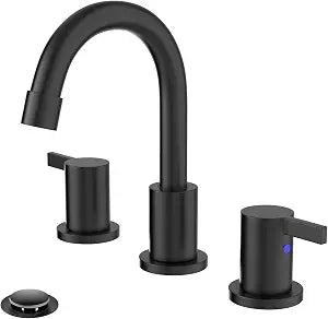 Phiestina 8 Inch 3-Hole Matte Black Widespread Bathroom Sink Faucet with Valve and Metal Pop-Up Drain Assembly, 2-Handle Low-Arch Bathroom Faucets Three Hole, WF15-1-MB