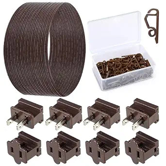 109 Pcs Christmas Light Wiring Kit, 50FT Brown SPT-1 18 AWG 2-Conductor Wire with 4 Pairs Male Female Vampire Plugs and 100 Light Clips for Indoor Outdoor Holiday Decorations