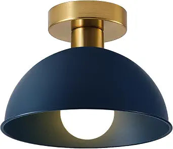 Industrial Semi Flush Mount Ceiling Light with Gold Plate and Blue Shade, Farmhouse Ceiling Light Fixture for Kitchen Island Dining Room Foyer Hallway Porch Barn Loft10in