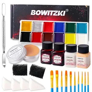Bowitzki Halloween Makeup Set Special Effects Kit Oil Face Paint Liquid Latex Fake Blood Scar Wax Brush Sponges Body Painting SFX Zombie Vampire Monster Christmas Party