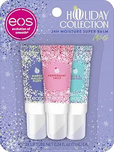 eos Holiday 24H Moisture Mini Super Balm Set, Peppermint Twist, Milk & Cookies, Marshmallow Fluff, Limited Edition Lip Care, Stocking Stuffers, 0.24 fl oz, 3-pack