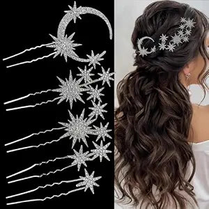 5 Pcs Celestial Crystal Bridal Hair Pins Set, Star & Moon Rhinestone Hair Accessories for Wedding, Goddess-Style Hair Pieces for Women(Silver)