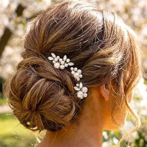 Heread Pearl Bride Wedding Hair Pins Crystal Bridal Headpiece Hair Accessories for Women and Girls （Pack of 3） (Gold)