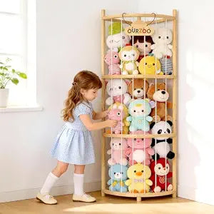Wooden Corner Stuffed Animal Storage Organizer Tower with Stability Strap