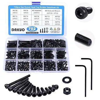 702PCS Metric M3 Screw Assortment Kit, Hex Socket Head Cap M3 Machine Screws Bolts Nuts Washer with Allen Wrench, M3x 4/5/6/8/10/12/14/16/18/20/25/30mm, 12.9 Grade Alloy Steel