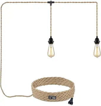 2 Light Plug in Pendant Light 19.68ft Hemp Rope Cord