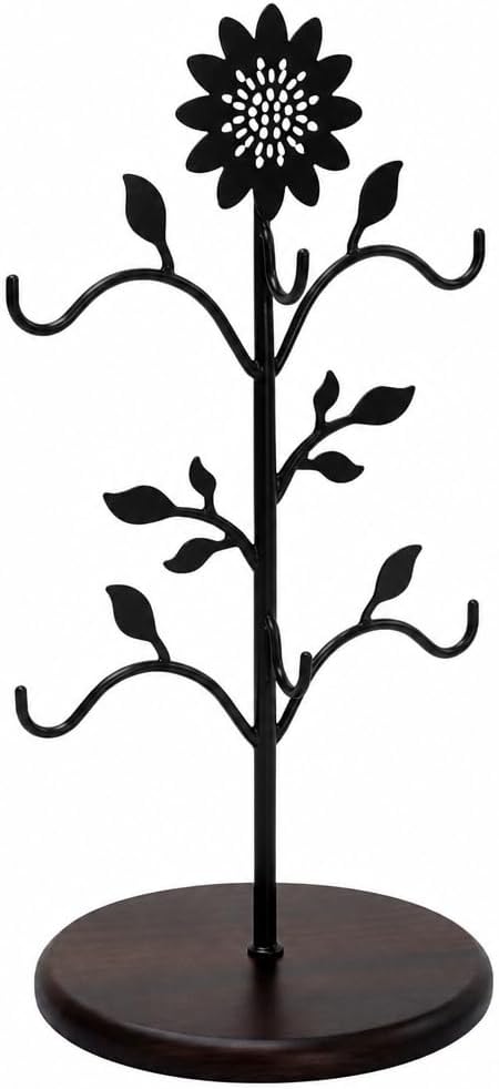 WARMEST SPIRIT Sunflower Coffee Mug Tree, Decorative 6-Hook Black Metal Mug Rack and Coffee Cup Holder for Countertop, Coffee Bar Organizer for Home Kitchen with Solid Wood Base