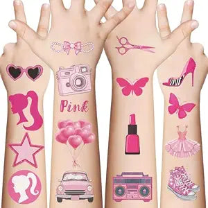 Pink Girl Temporary Tattoos for Teens - 10 Sheets Birthday Party Favors Decorations Supplies Cute Y2k Metallic Iridescent Flash Cartoon Fake Tattoo Stickers for Teens Rewards Gifts (Pink)