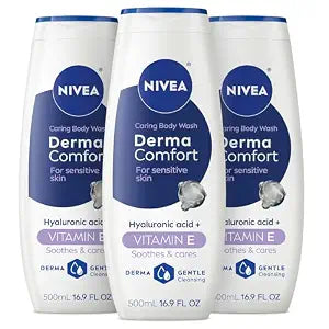 NIVEA Hydrating Body Wash for Sensitive Skin with Hyaluronic Acid and Vitamin E, Mild Fragrance, Dermatologically Tested