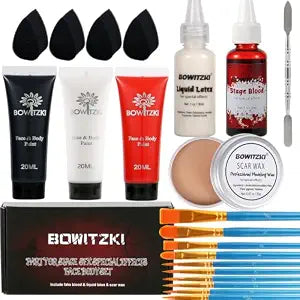 Bowitzki Halloween Makeup Set Special Effects Kit Cream Face Paint Water Based Liquid Latex Fake Blood Brush Sponges Body Painting SFX Zombie Vampire Monster Christmas Party (With Scar Wax)