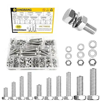 246Pcs Hex Bolts and Nuts Assortment Kit,1/4-20,5/16-18,3/8-16 Stainless Steel Assorted Hex Head Bolts and Nuts,Flat & Lock Washers Set,Fully Threaded,for Home, Auto,Electronic & Industrial Repair
