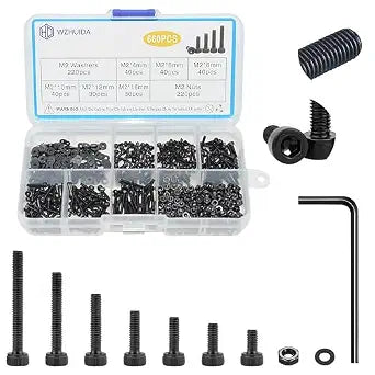 660 Pcs M2 Screws Assortment Kit, M2x4mm/6mm/8mm/10mm/12mm/16mm, Metric Hex Socket Head Cap Screws Nuts Washers Kit with Wrench, Black Zinc Plated