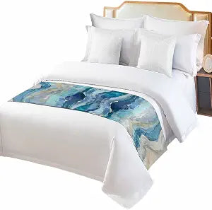 Blue Coastal Bed Runner for King Size Bed, Spring Summer Ocean Beach Nautical Sea Wave Bedspread Protector Slipcover Bed Scarf for Foot Bed Runners & Scarves for Bedroom Hotel 102x20 Inches