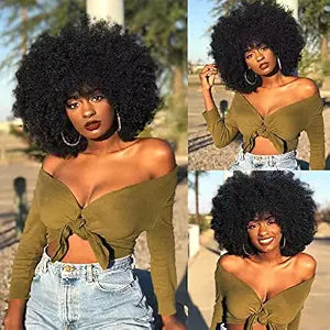ANNISOUL Afro Wigs for Black Women Short Curly Afro Wig with Bangs 70s