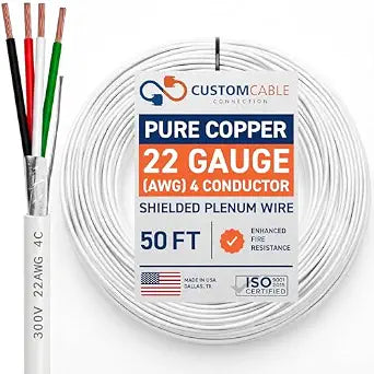 22 Gauge Wire (22 AWG) - 4 Conductor Stranded Copper Shielded Cable - UL Listed 22/4 Home Electrical Wire - Low Voltage Up to 300V - CMP/CL3P Low Smoke Plenum Jacket - USA Made (50ft - White)