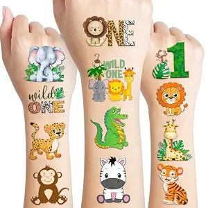 96 PCS Wild One Jungle Animal Pre-Cut Temporary Tattoos