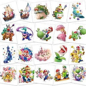 Cartoon Mario Temporary Tattoos for Kids, 60 Pieces Non-Toxic Waterproof Tattoo Stickers, DIY Craft Arts, Birthday Party Supplies, Goodie Bag Fillers