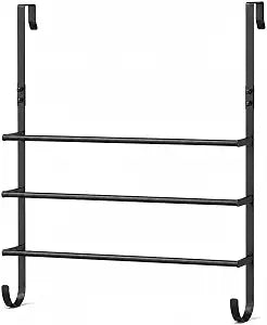 Over The Door Towel Rack, 3 Tier Metal Towel Bars with 2 Hooks for Bathroom,Add Extra Storage with 3 Fixed Towel Bars, 2 Bottom Hooks and Adhesive PadsPerfect for bathrooms, bedrooms and RVs.