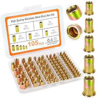 Metric Rivet Nut Assortment Kit, 105Pcs stainless Steel SAE Rivet Nut, M3 M4 M5 M6 M8 UNC Flat Head Rivnut Set, Threaded Insertion Nut Sets for Automotive, Mechanical and Other Equipment