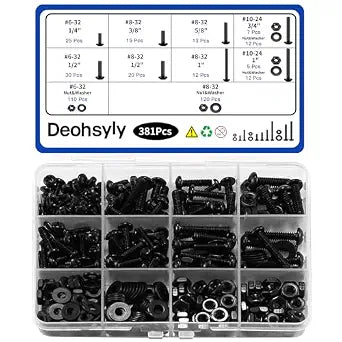 381Pcs Machine Screws Nuts and Bolts Assortment Kit, #6-32/#8-32/#10-24 Phillips Pan Head Assorted Black Oxide 304 Stainless Steel Bolts & Nuts & Flat Washers, with Case