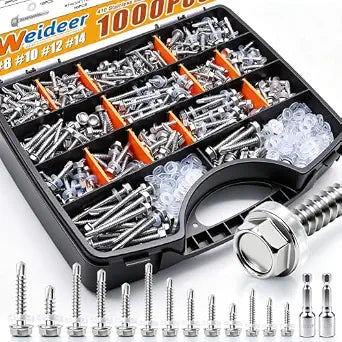 weideer 1000pcs Self Tapping Screws for Metal, #8#10#12#14,410 Stainless Steel Sheet Metal Screws Assortment Kit, Hex Washer Head Self Drilling Screw with Rubber Washer,Length 1/2" to 2''