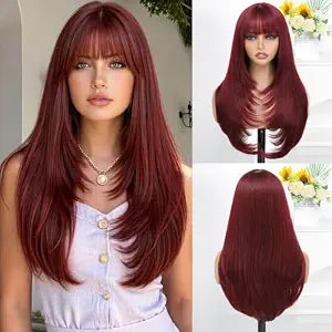 MINSEEYOO Red Wig with Bangs for Women Long Layered Wigs 26 Inch Burgundy Wigs Natural Looking Heat Resistant Synthetic Wig for Daily Party Use