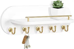 SANY DAYO HOME Key Holder Wall Mount White Wood Entryway Rack with 5 Gold Hooks, Metal Shelf Guardrail for Key Organizer, Living Room Decor (Oval, 14" x 5")