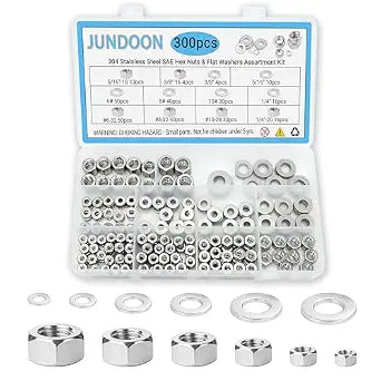 300-Piece 304 Stainless Steel SAE Hex Nut & Flat Washer Assortment Kit - 6 Sizes #6-32, #8-32, #10-24, 1/4-20, 5/16-18, 3/8-16 with Storage Case