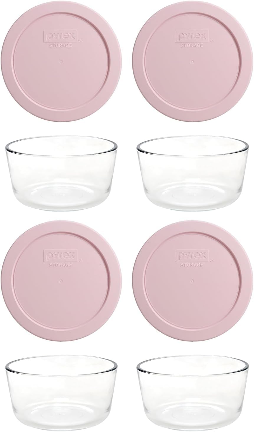 Pyrex 2-Cup 7200 - Glass Food Storage Bowl Set with Light Pink Lids, 4-Pack