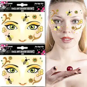 Bee Face Tattoo Stickers Yellow Face Gems for Women Glitter Bee with Gems Face Temporary Tattoo Deisgn Party Birthday Cosplay Face Temporary Tattoo for Makeup 2 sheets