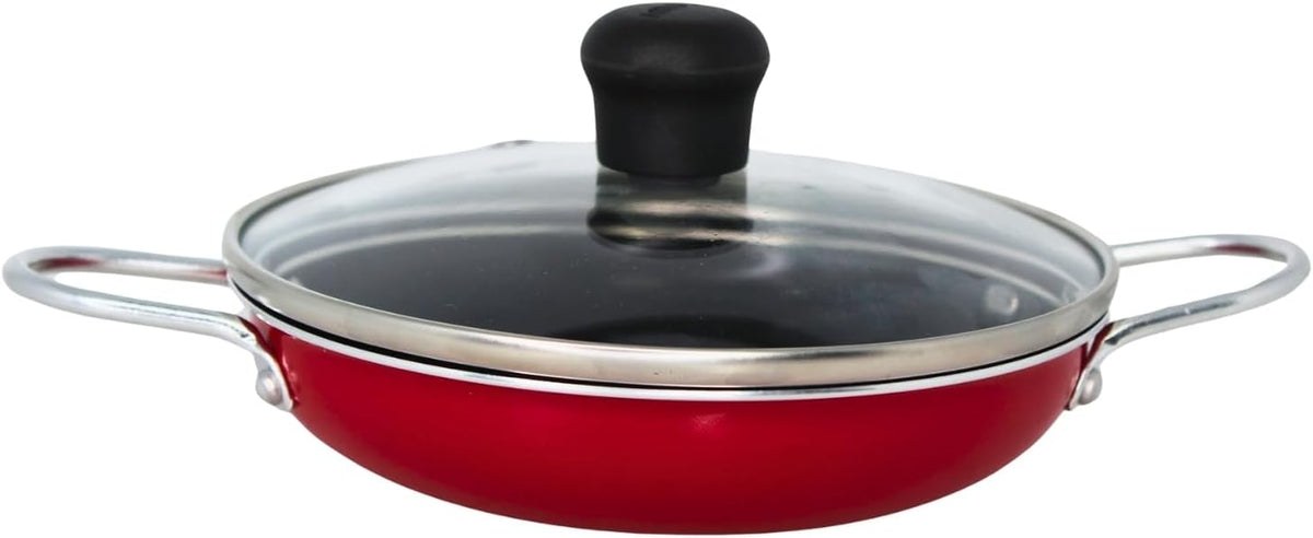 IMUSA 5.8 Inch Aluminum Black Ceramic Egg Pan Casserole with Glass Lid, Red