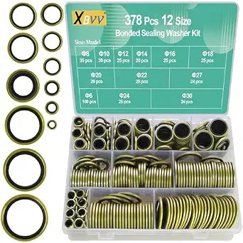 XBVV 378 Pcs NBR Metal Bonded Sealing Washer Assortment Kit M6 M8 M10 M12 M14 M16 M18 M20 M22 M24 M27 M30 Automotive Self-Centred Seal Gasket Repair Set