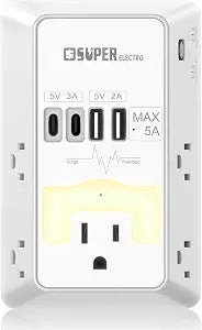 Multi Plug Outlet Surge Protector -Super Electro 5 Outlet Extender with 4 USB Charging Ports (5V 5A),with Night Light,3-Sided 1200J Power Strip Multi Plug Adapter for Home