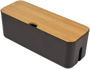 Cable Management Box with Bamboo Lid, Small Power Strip Organizer, Black