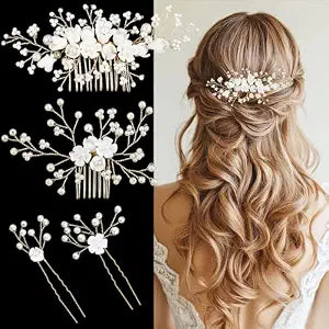 4 Pcs Bridal Flower Pearl Hair Accessories, Wedding Hair Pins Comb with Pearl Bridal Headpiece Jewelry for Brides Bridesmaids Women Girls Updo (Flower)