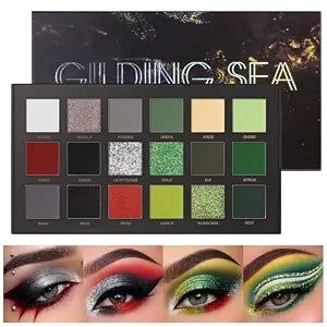UCANBE 18 Color Eyeshadow Palette, Matte Shimmer Metallic Glitter Eye Shadow Palette, Pigmented Smoky Green Red Black Silver Makeup Palette for Christmas Halloween Makeup