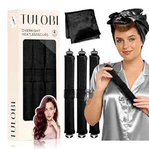 TULOBI 3 Pcs Heatless Curls Overnight - Velvet Heatless Hair Curler with Satin Scarf, Overnight Jumbo Rods, Blowout Hair Curlers to Sleep in for Fine/Thick/Long Hair (Black)