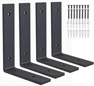 Heavy Duty Shelf Brackets 8 inch Rustic L Black Shelf Brackets 8 x 6 inches Metal Iron Industrial Shelf Bracket - L8 x H 6" x W 1.5" - 4 Pack